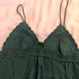 Boho Beach Hippie Emerald Green Crochet Top Open Cross Back Dress S